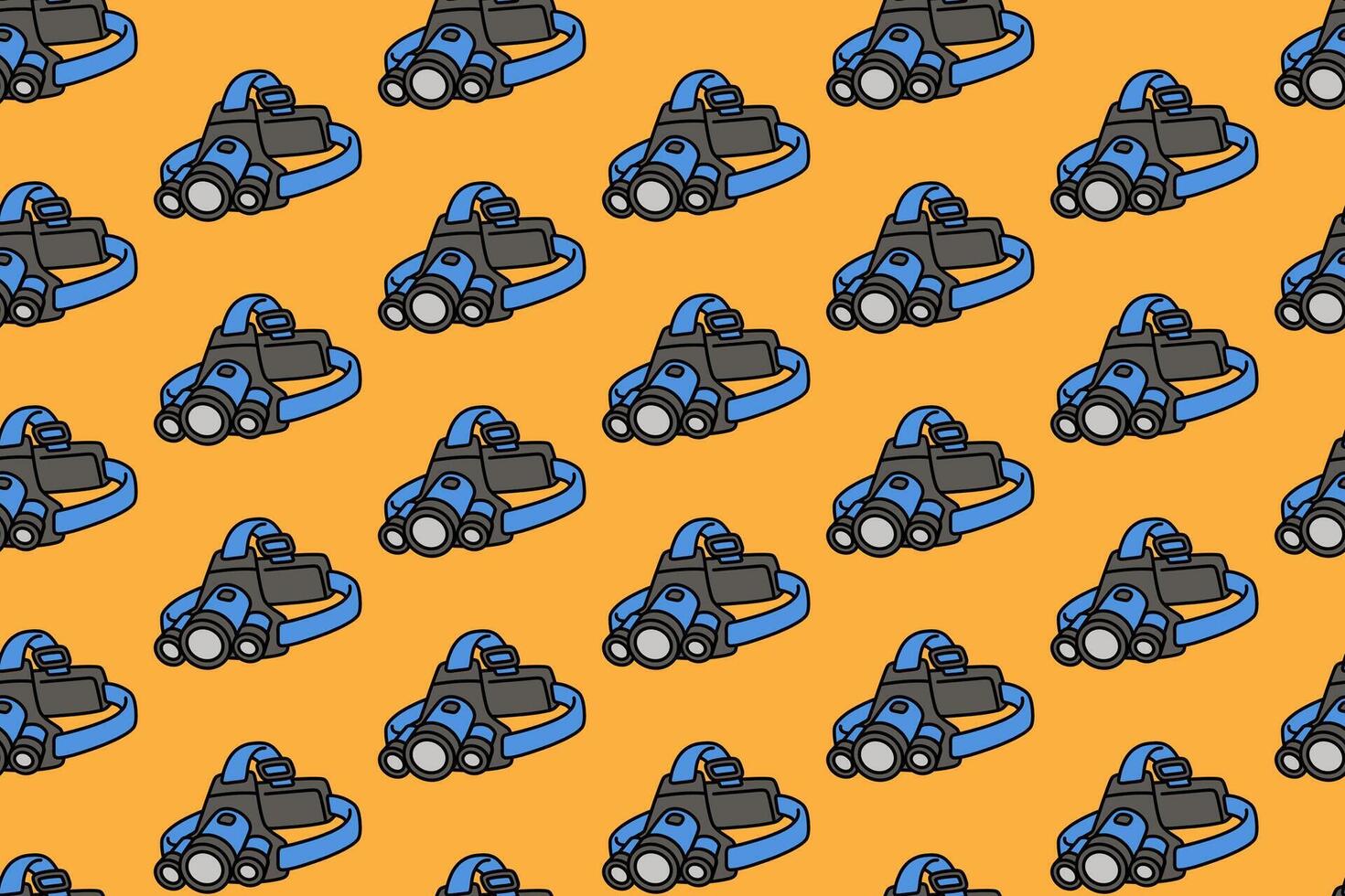 LED headlamp with strap colorful doodle seamless pattern on yellow background. retro headlight background. flashlight illustration pattern wallpaper. pattern background with headlamp for adventure vector