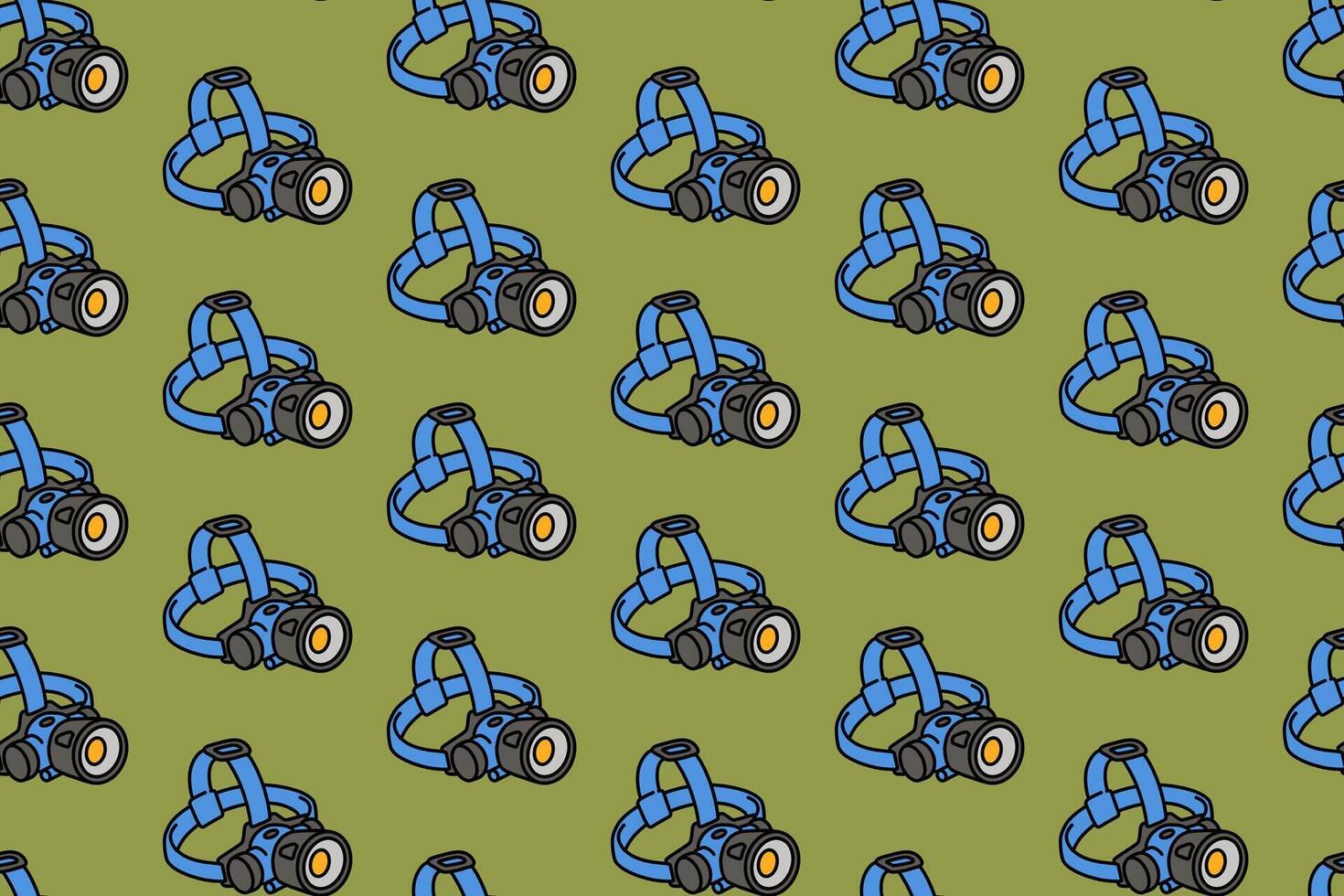 head flashlight with strap colorful doodle seamless pattern on green background. retro LED headlamp background. headlight illustration pattern wallpaper. pattern background with headlamp for adventure vector
