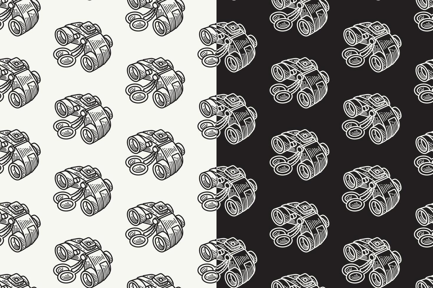 binocular with lens cover doodle seamless pattern on black white background set. retro binocular background. binocular engraving wallpaper. binoculars optical vision pattern background for adventure vector