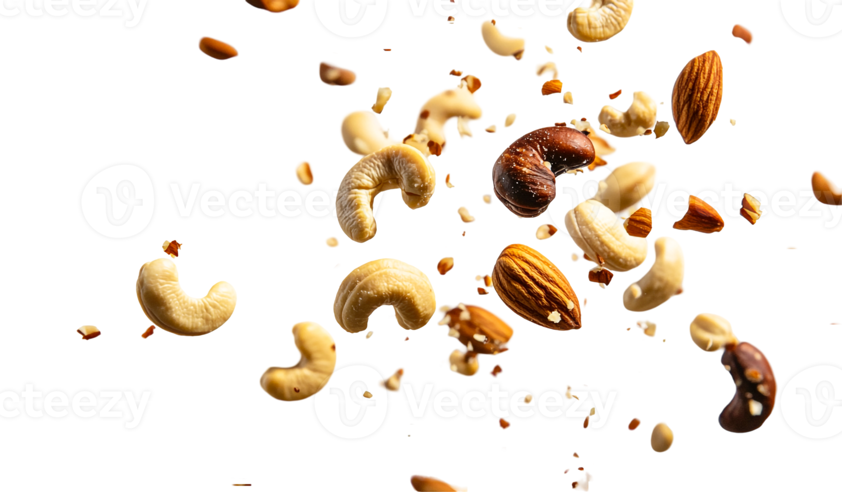 Aerial display of mixed nuts with cashews and hazelnuts png