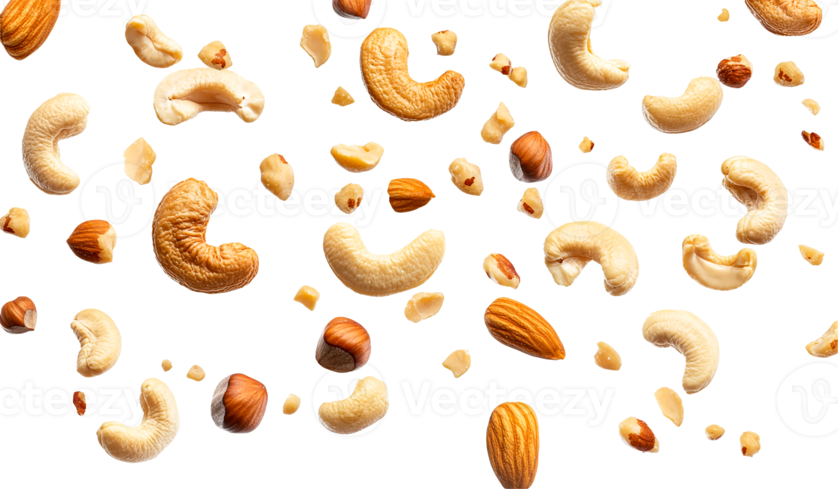 Action shot of cashews and hazelnuts flying png