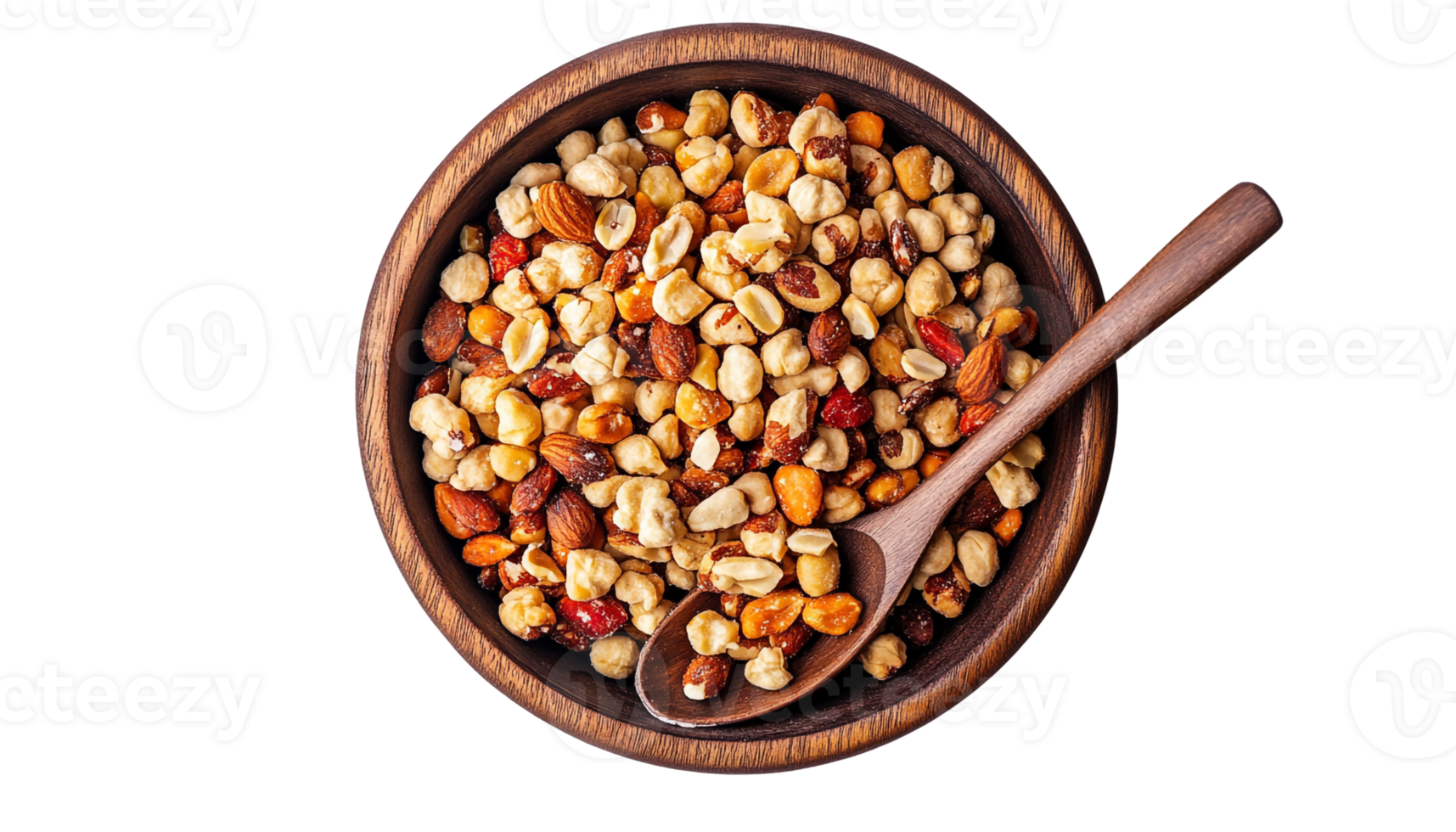 Mixed nuts in a handcrafted wooden bowl with a spoon png
