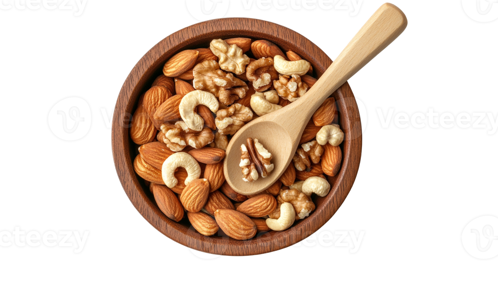 Assorted nuts presented in a wooden bowl with a spoon png