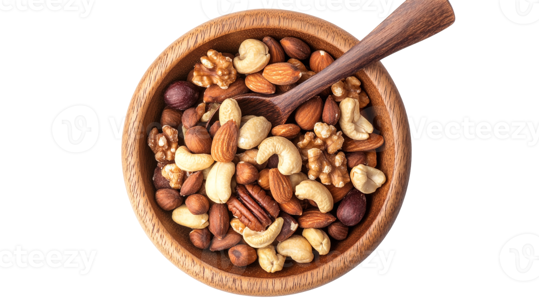 Mixed nuts displayed in a wooden bowl with a spoon png