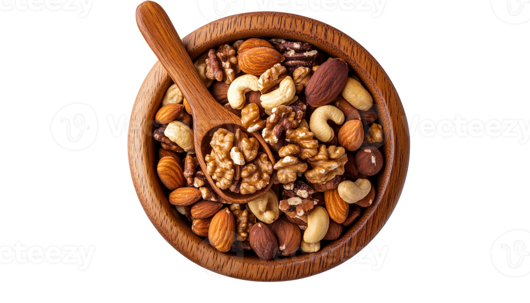 Wooden bowl packed with assorted nuts and a spoon png