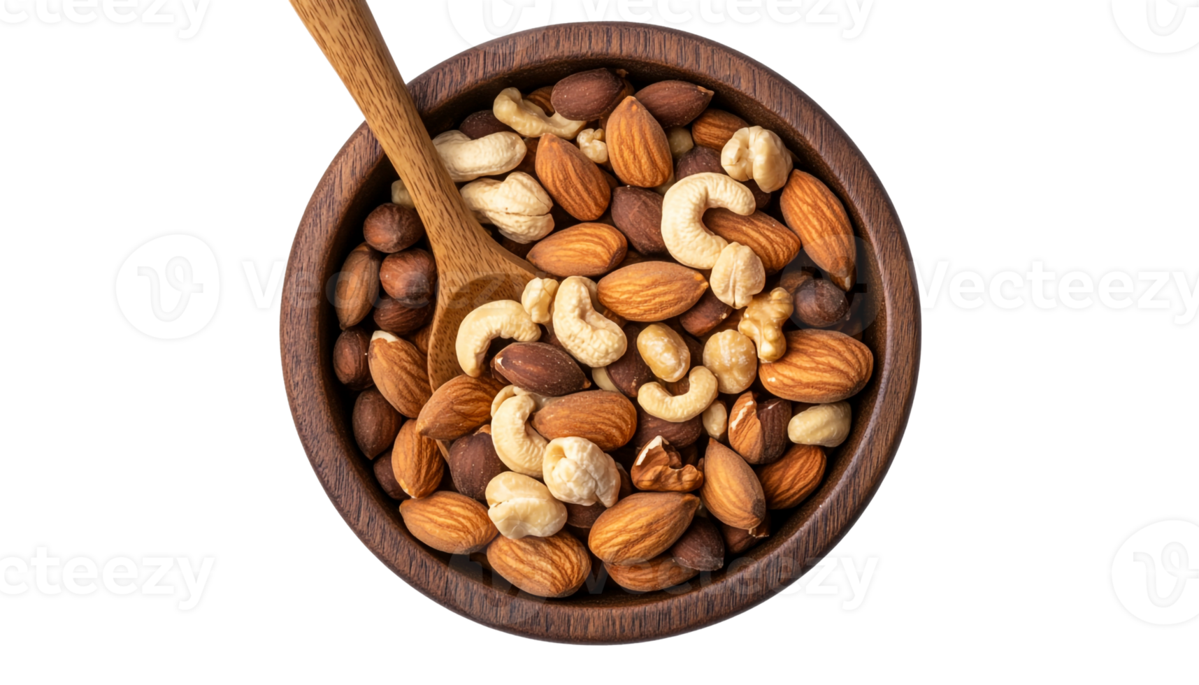 A collection of nuts in a wooden bowl with a spoon png