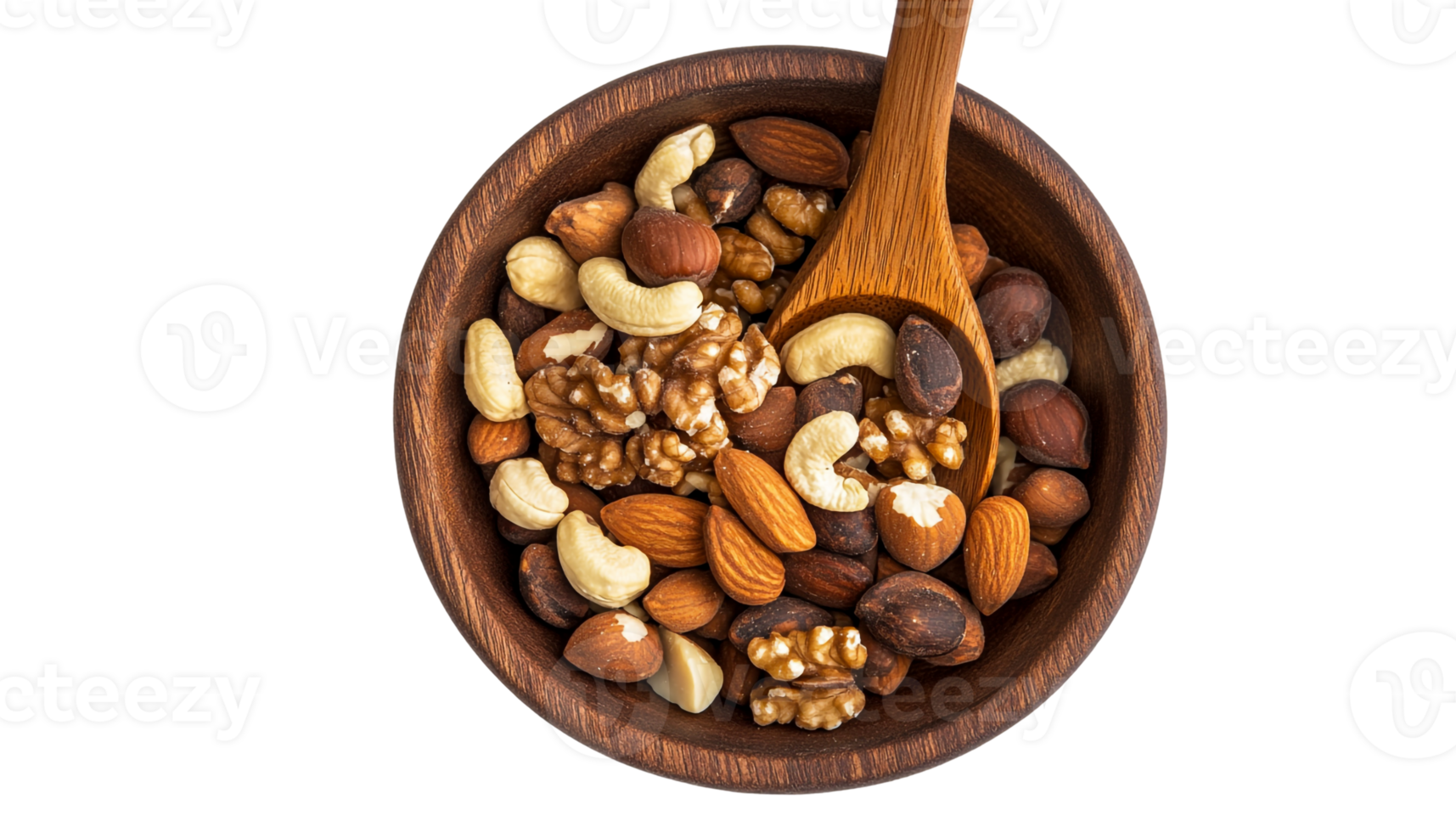 Rustic wooden bowl with mixed nuts and a spoon png