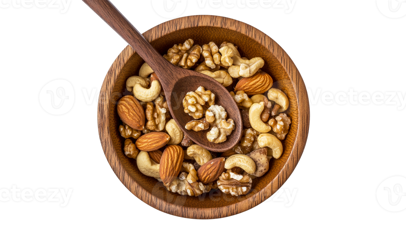 Nuts in a decorative wooden bowl with a spoon png