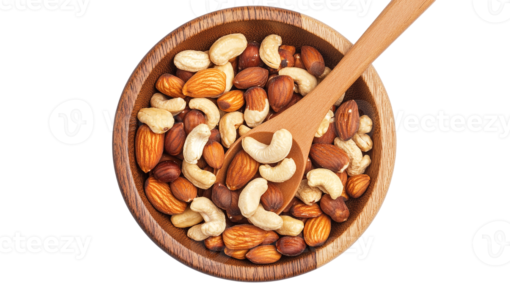 Nut assortment in a wooden bowl with a serving spoon png