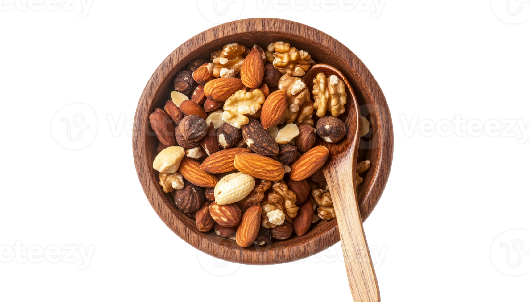 Serving nuts in a wooden bowl with a spoon png
