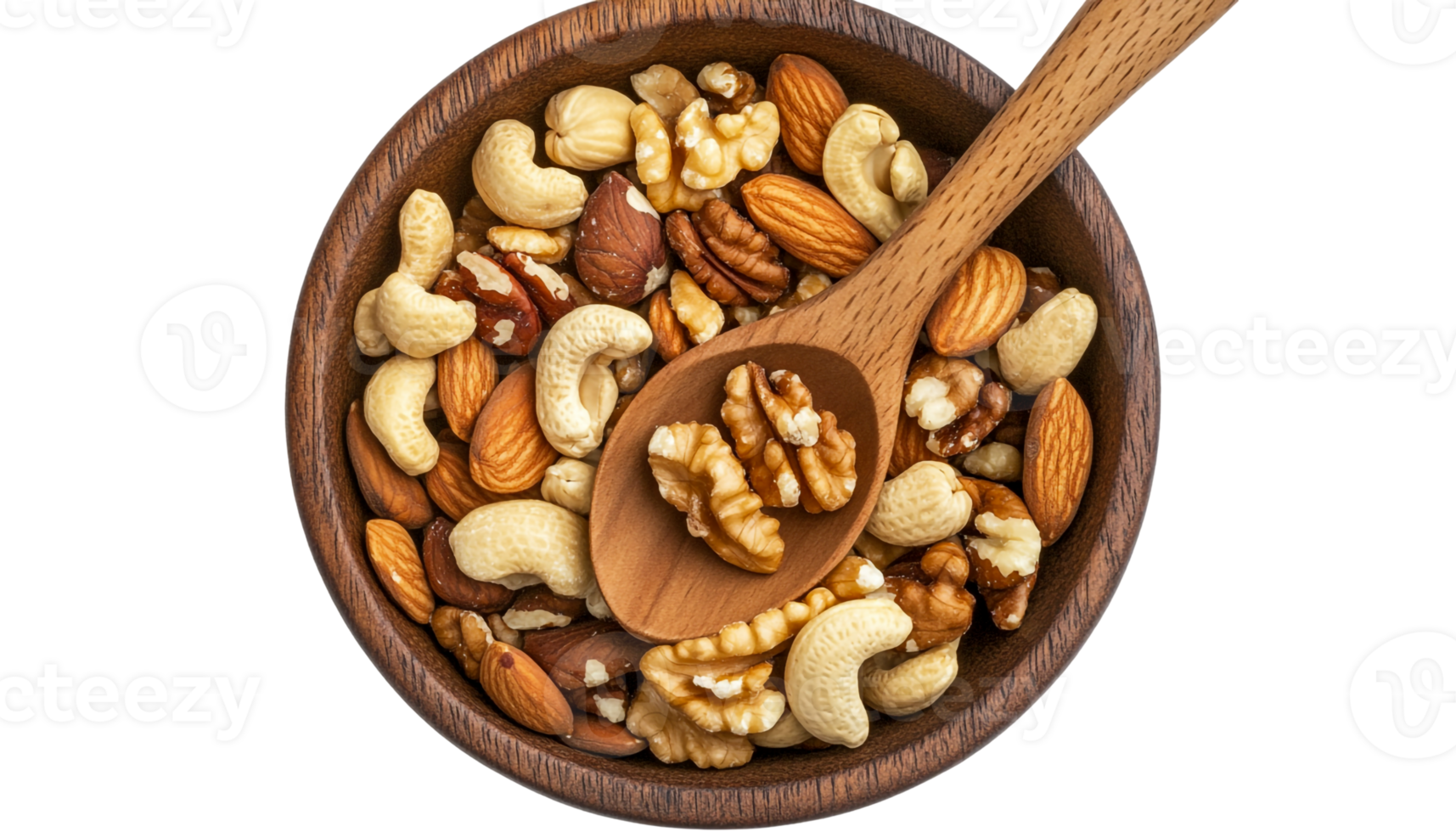 A wooden bowl containing mixed nuts and a spoon png