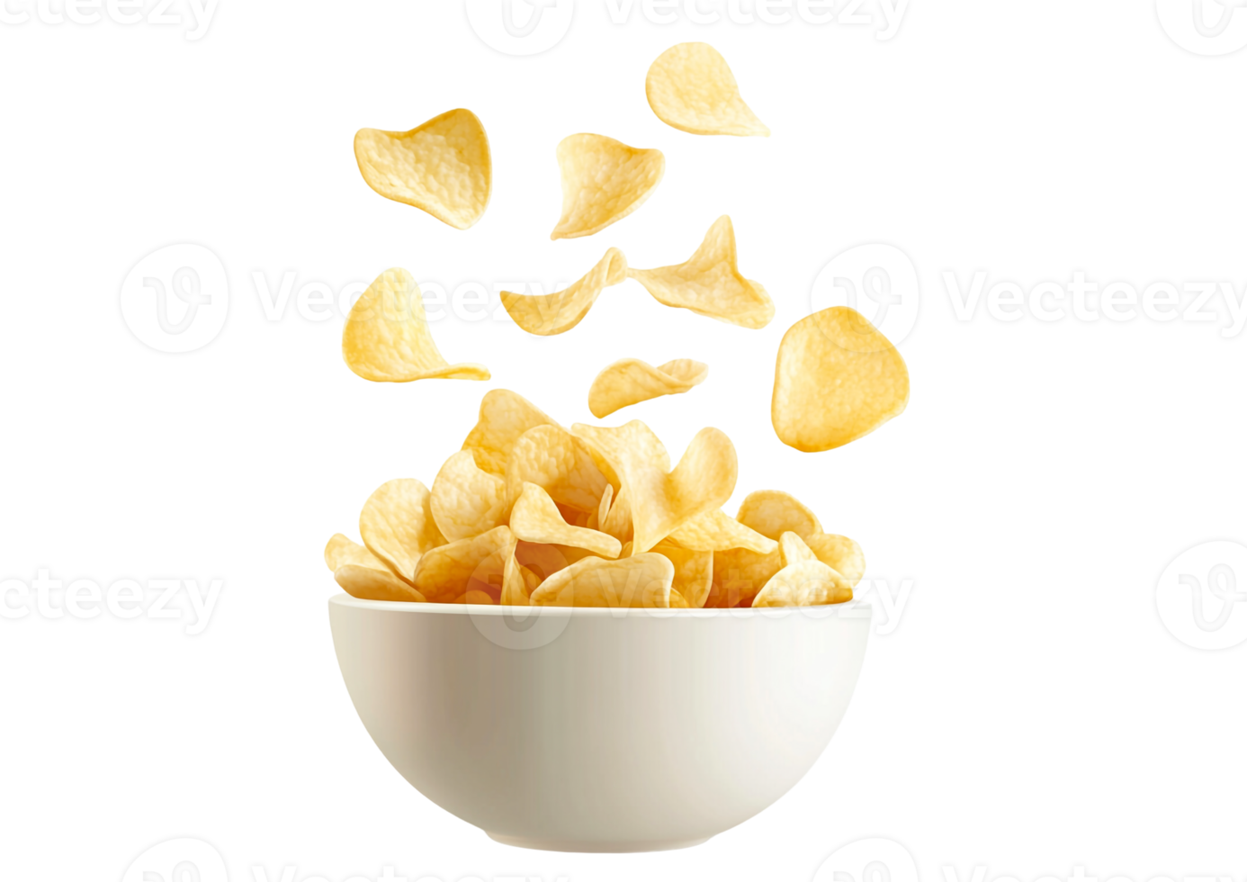 Golden chips falling into a ceramic bowl png