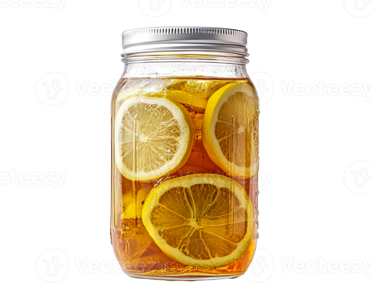 Mason jar of cold sweet tea with lemon wedges png