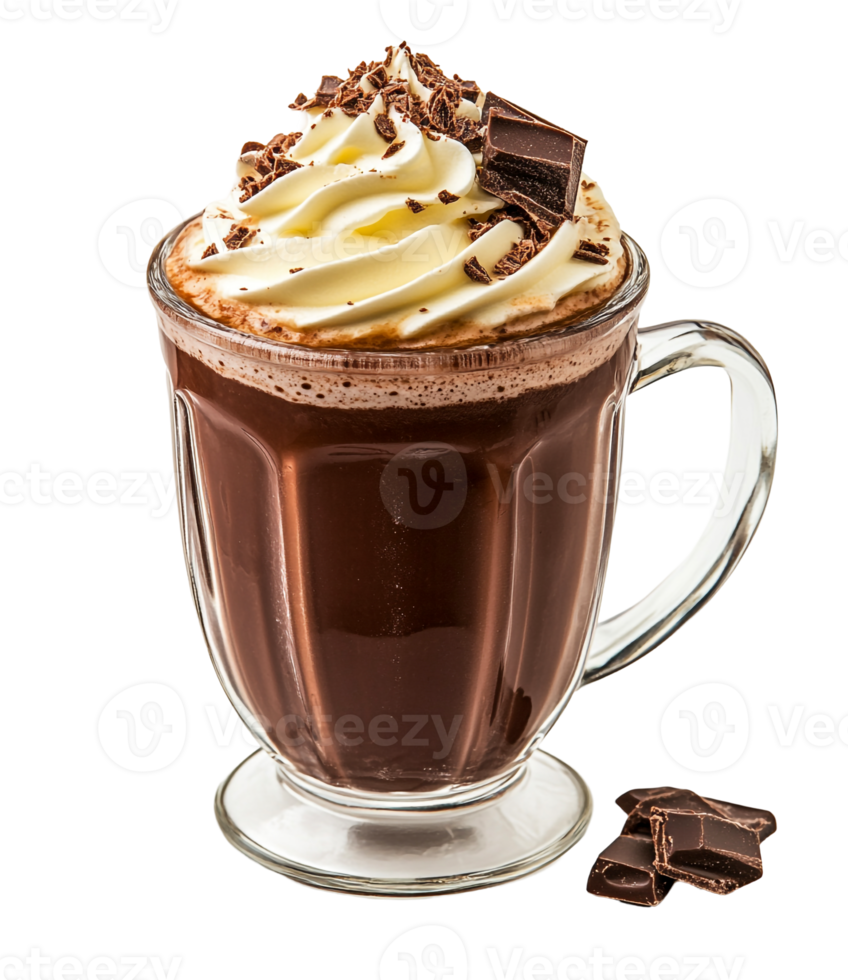 Hot chocolate served in a glass mug with whipped cream png