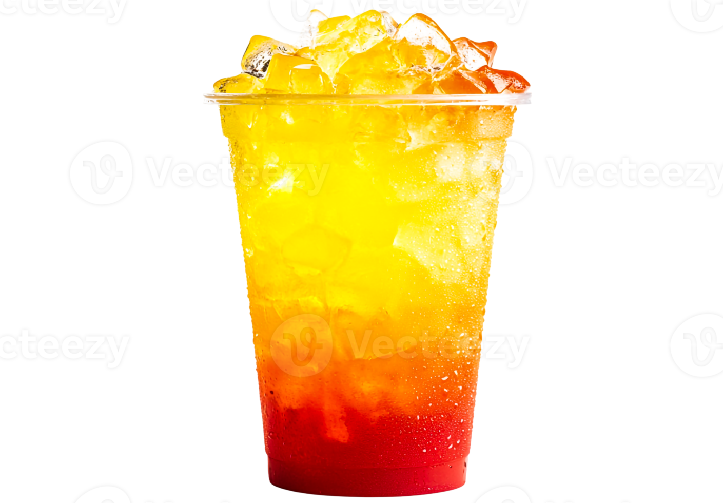 Bright lemonade in a clear cup with ice cubes png