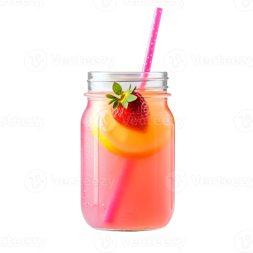 Pink lemonade presented in a jar with strawberry and straw png