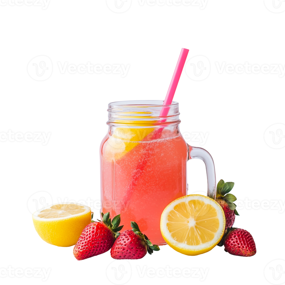 Strawberry and straw with pink lemonade in a mason jar png