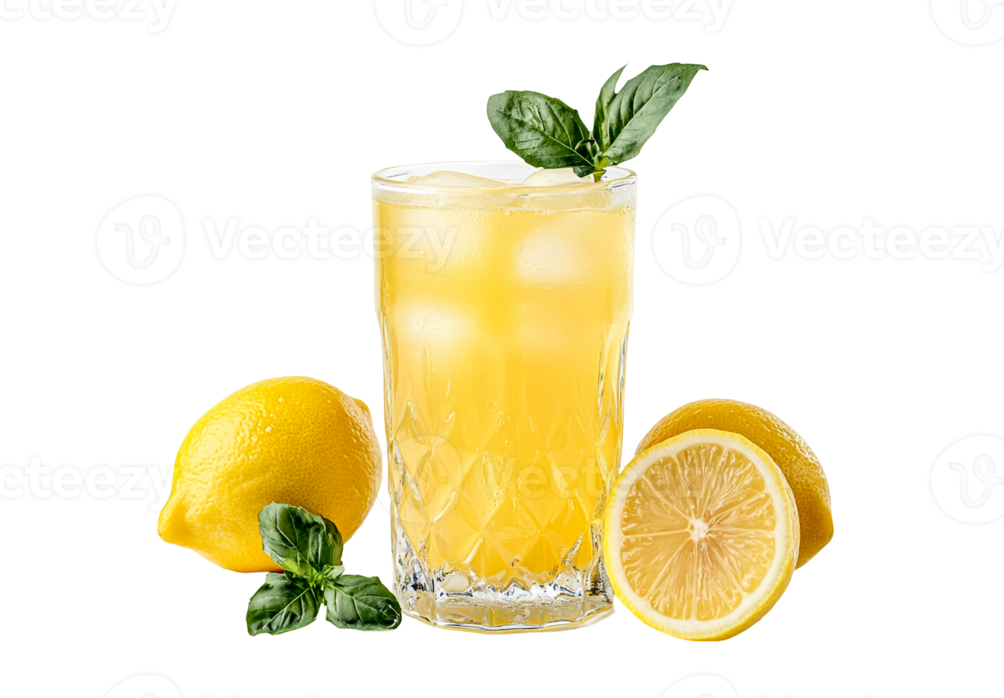 Glass of lemonade and fresh lemon halves png