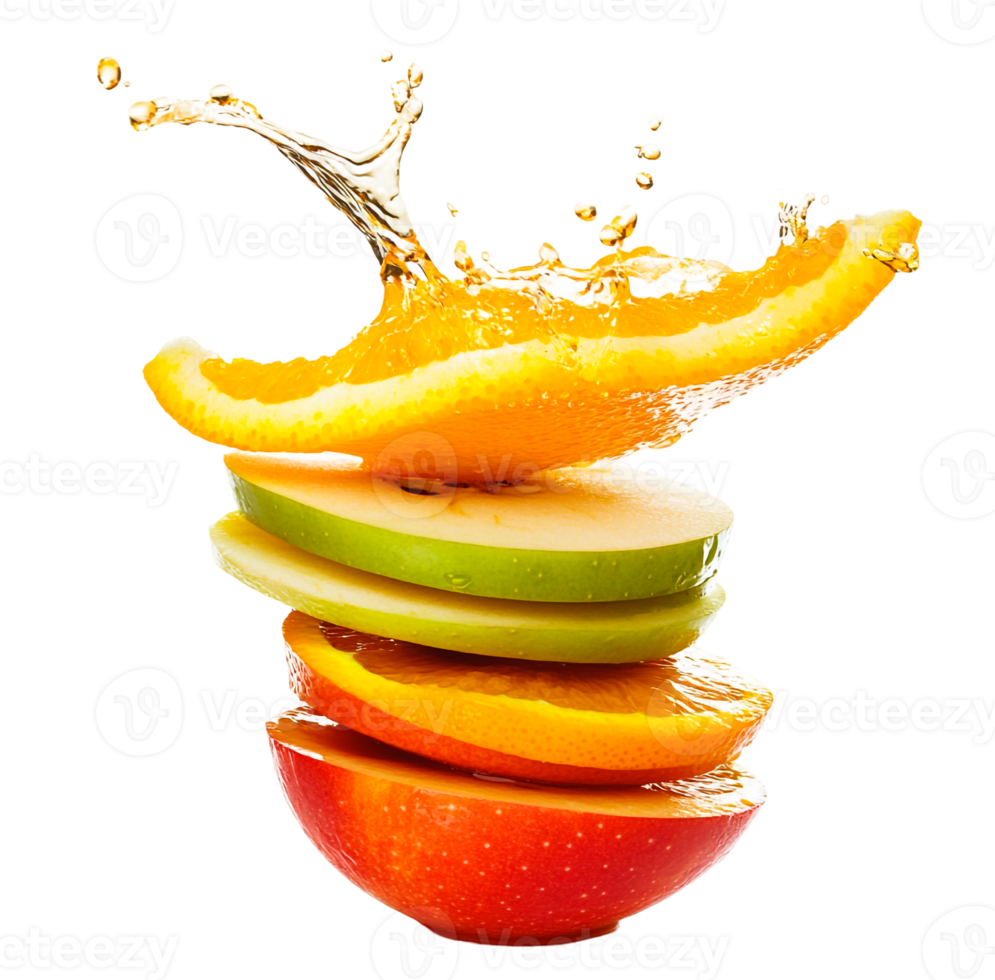 Juicy fruit stack with vibrant splashes png
