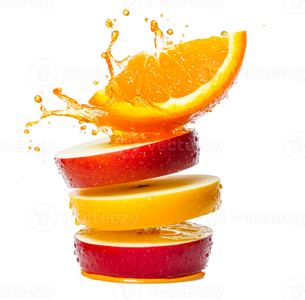 Fresh fruit slices with orange and apple splash png