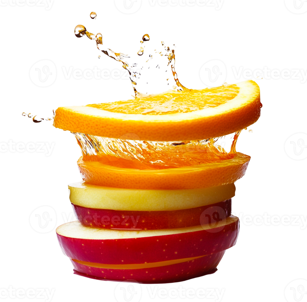 Splashing orange and apple juice on fruit layers png