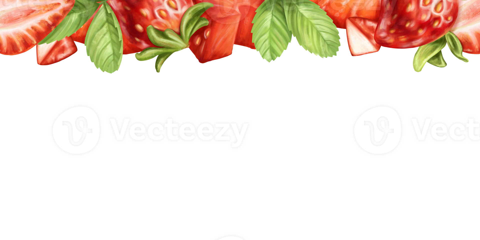 A border of juicy red strawberry and leafs. Garden organic harvest. Topping for cakes, ice cream, pies, cocktails. Isolated illustration, frame Berry decor for summer holiday parties, sweet desserts. png