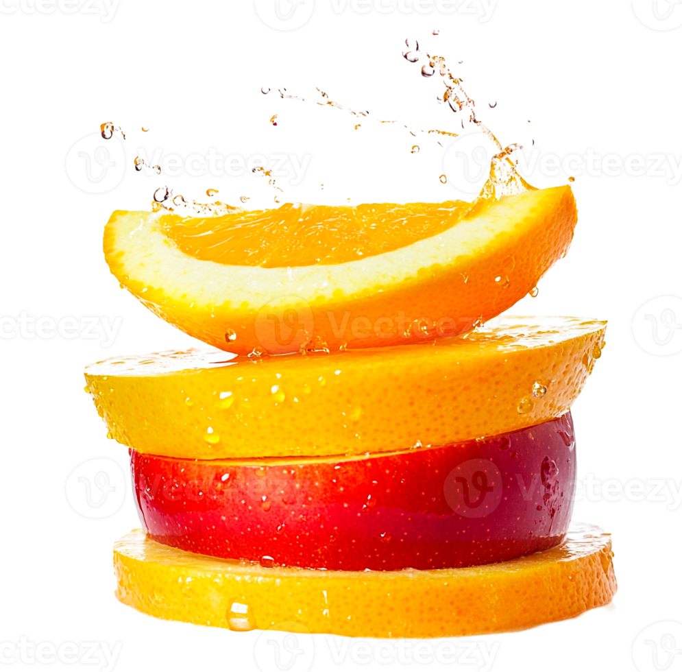 Apple and orange juice interacting with fruit slices png