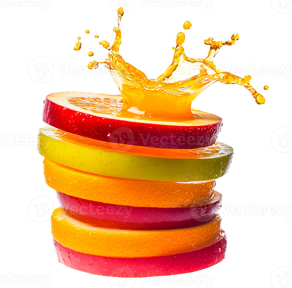Vibrant juice splashes over stacked fruit slices png