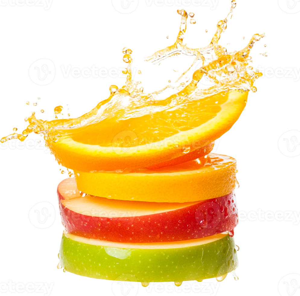 Fresh stack of fruit slices with dynamic juice effect png