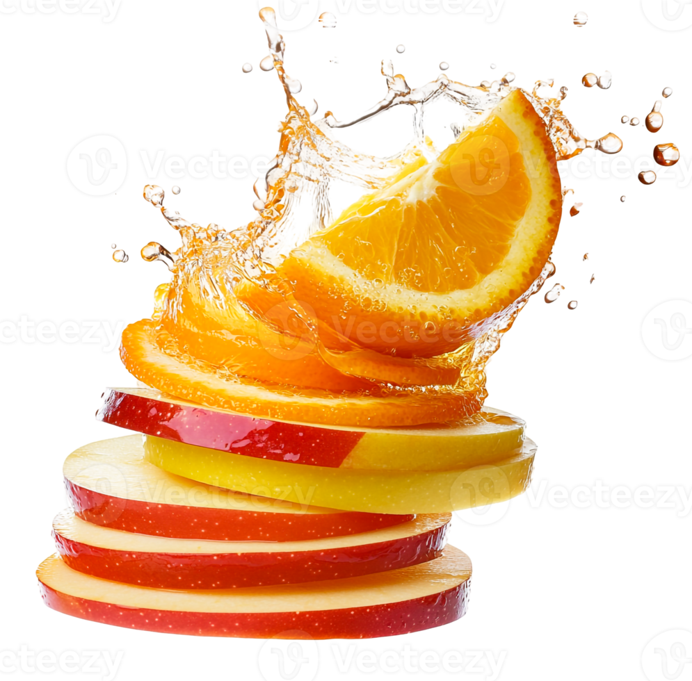 Stacked fruit slices with lively juice splash visuals png