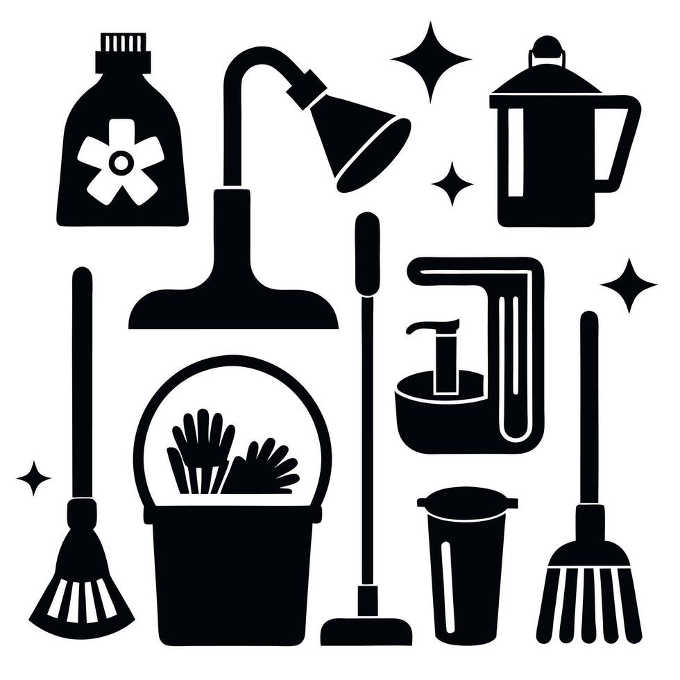 Collection of Cleaning Tools Silhouettes vector