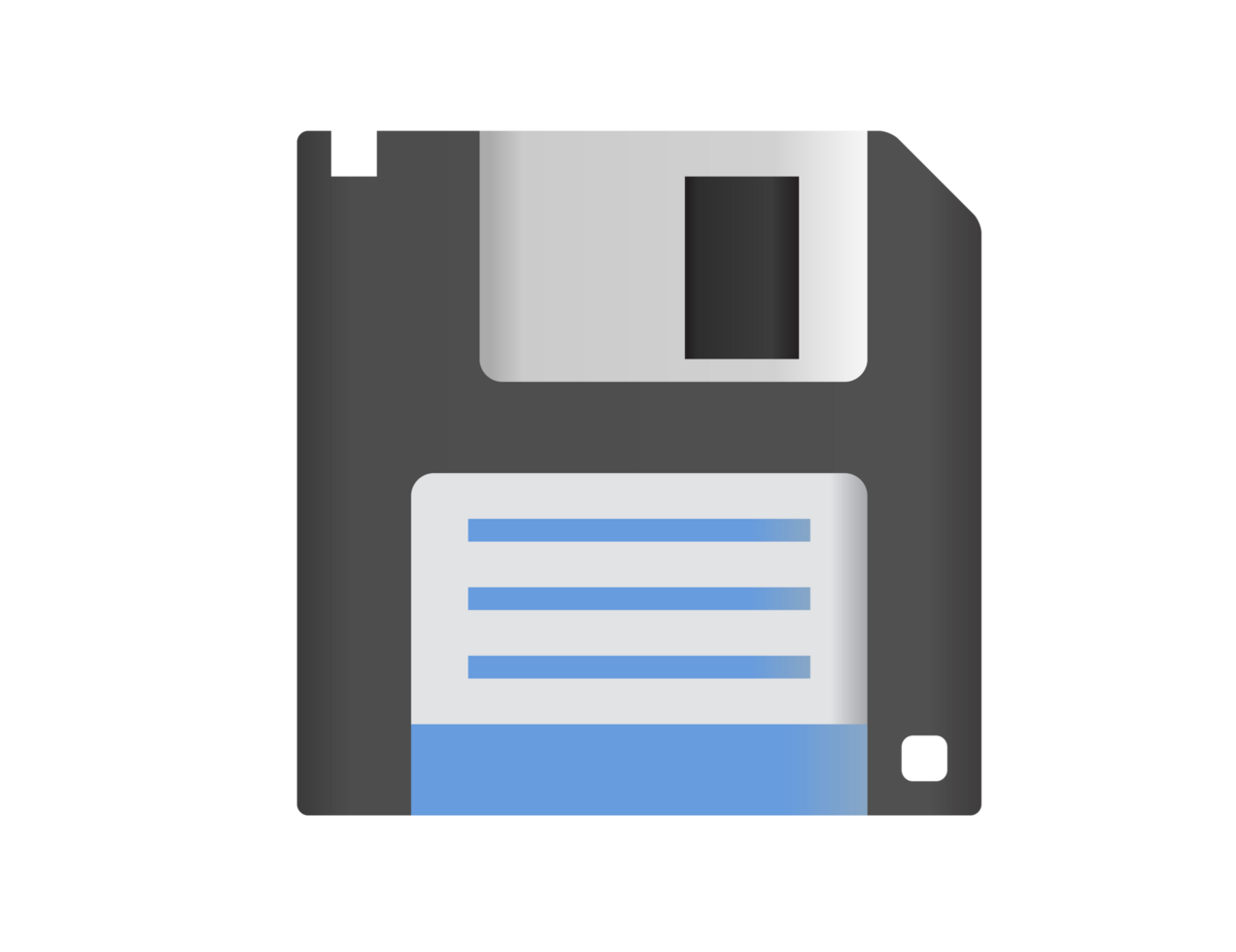 Black 3.5 inch floppy disk save icon with silver shutter positioned up and white label png
