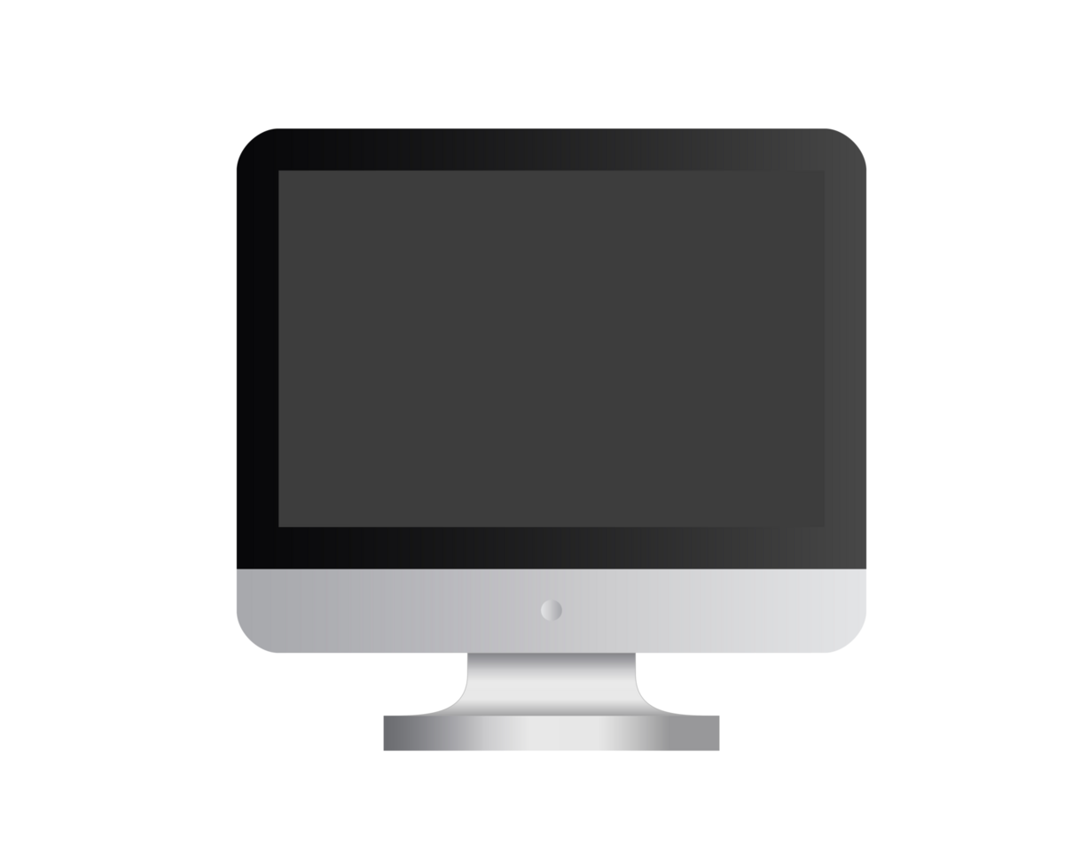 Black and silver desktop personal computer icon in front view, gray device, opened to show a dark screen png