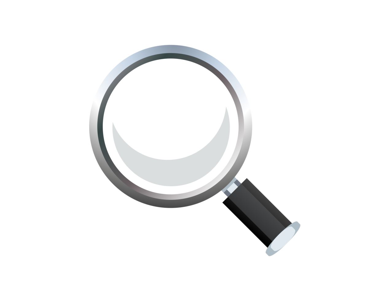 Classic magnifying glass, silver framed lens with black handle icon png