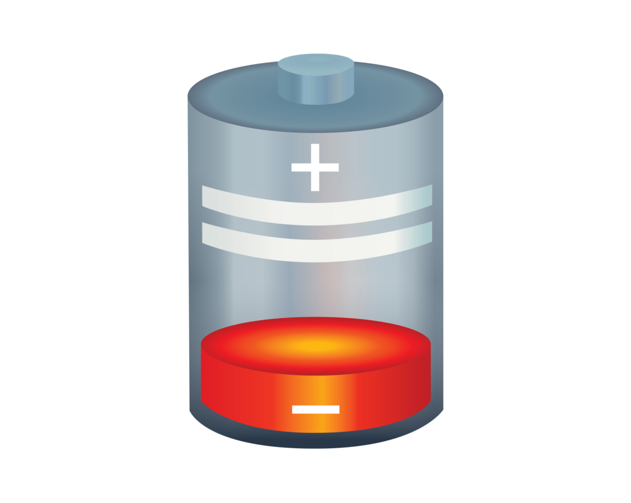 Red cylinder recharging battery cell icon with minimal amount of power remaining png