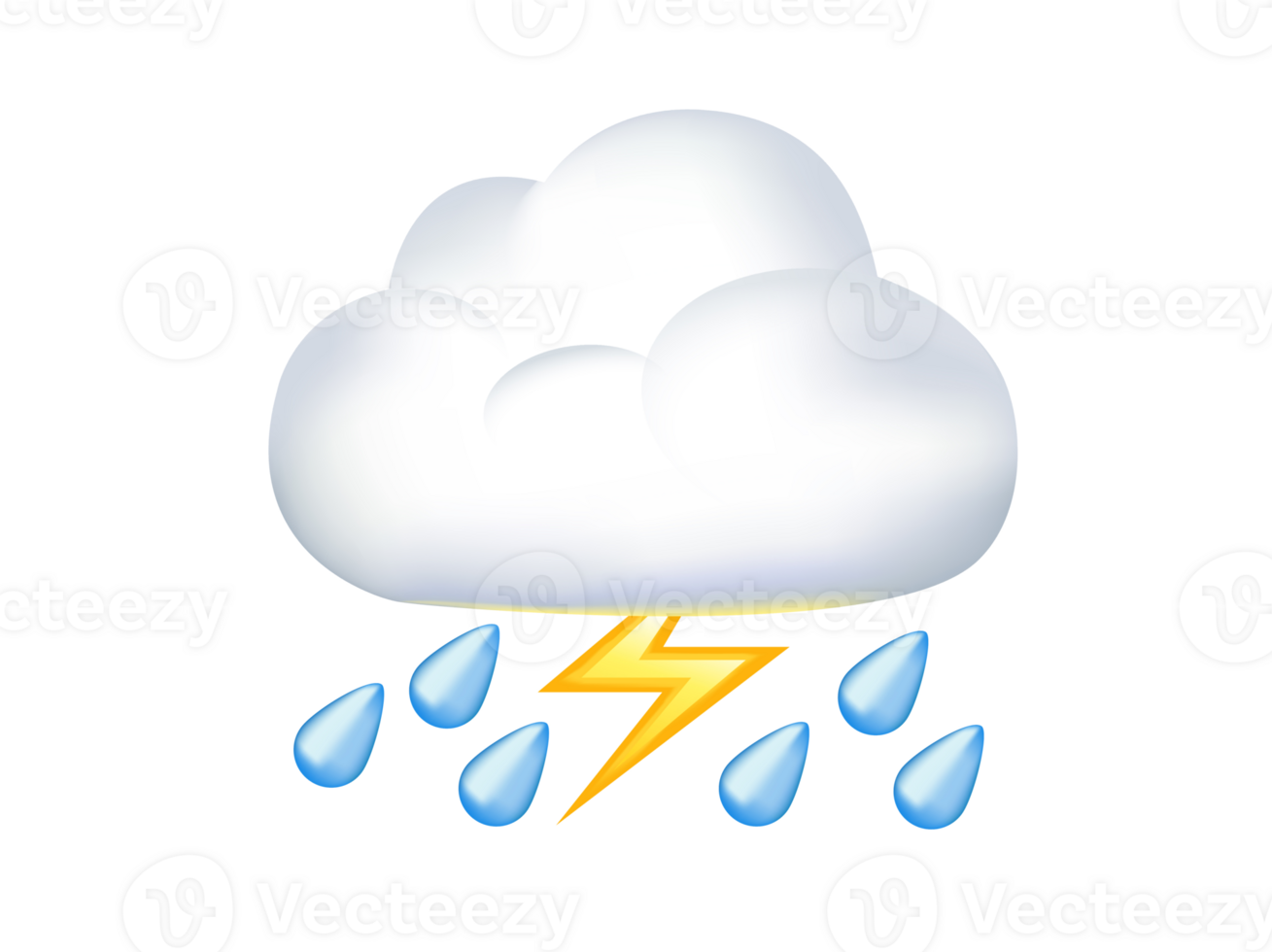 Blue raindrops falling, white cloud with lightning bolt flashing png