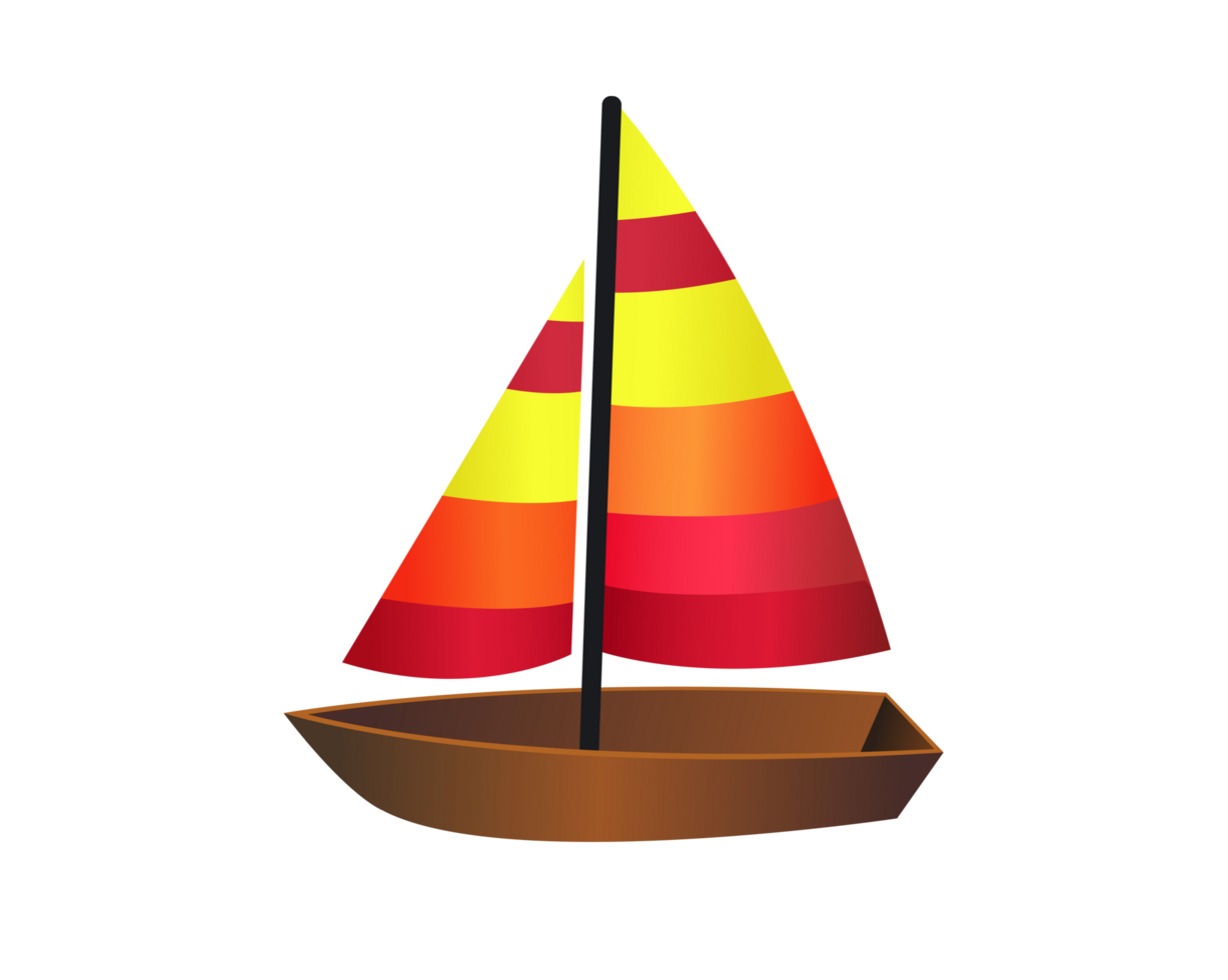 Brown wooden sailing boat icon with mix of yellow, orange and red sails png