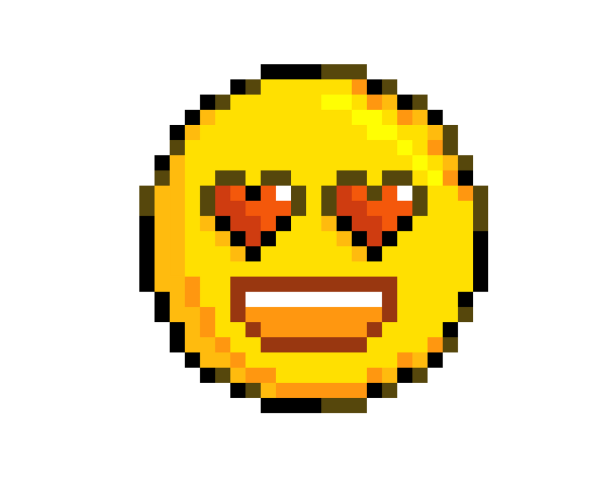 8 bits pixel art yellow happy big smile face icon with heart eyes png