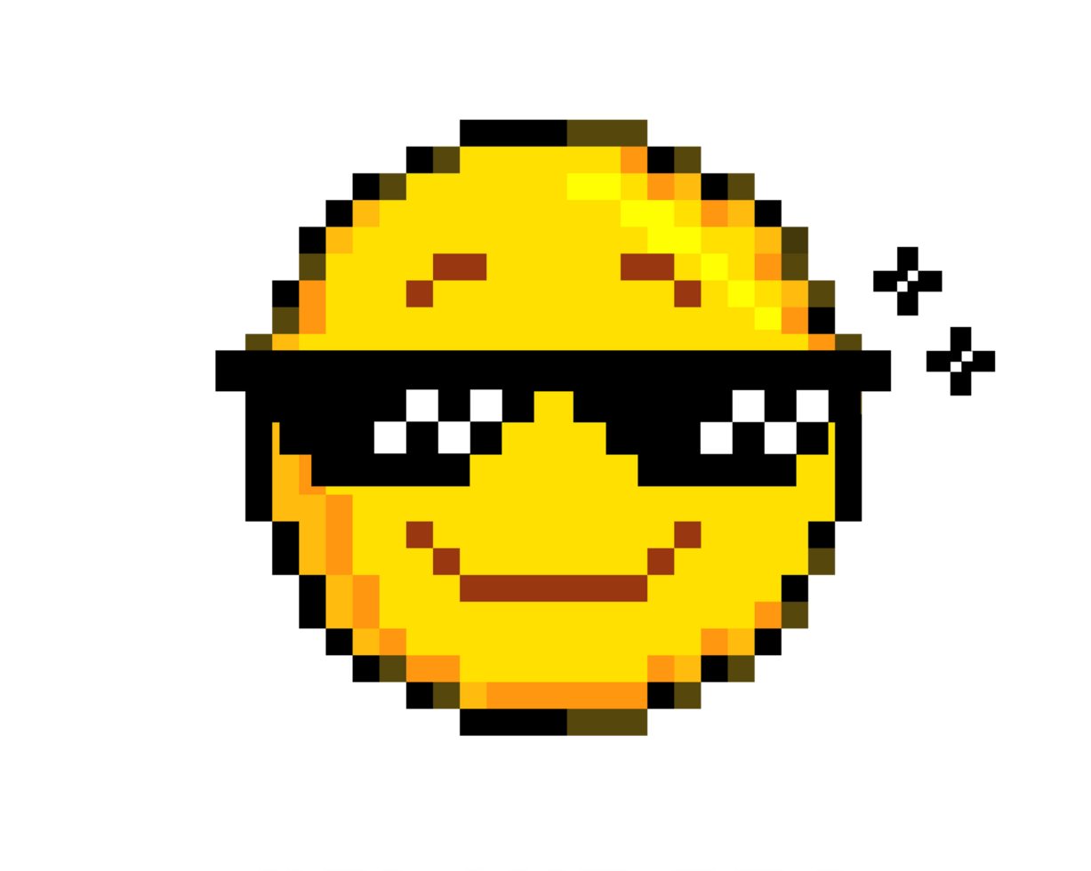8 bits pixel art yellow happy smiley face icon with retro sunglasses eyes png