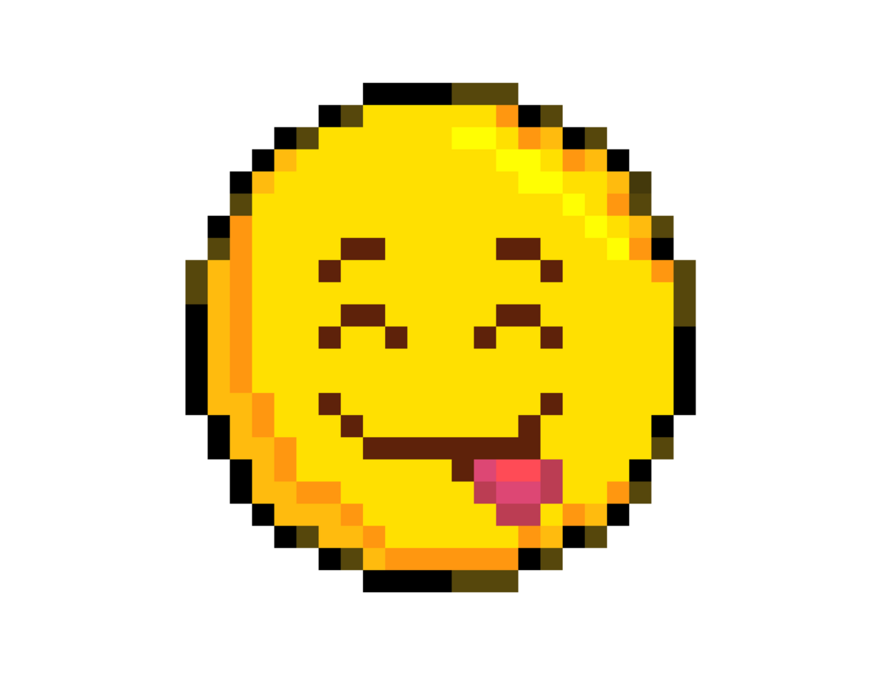 8-bits pixel art yellow smiling eyes, happy face icon with tongue sticking out png