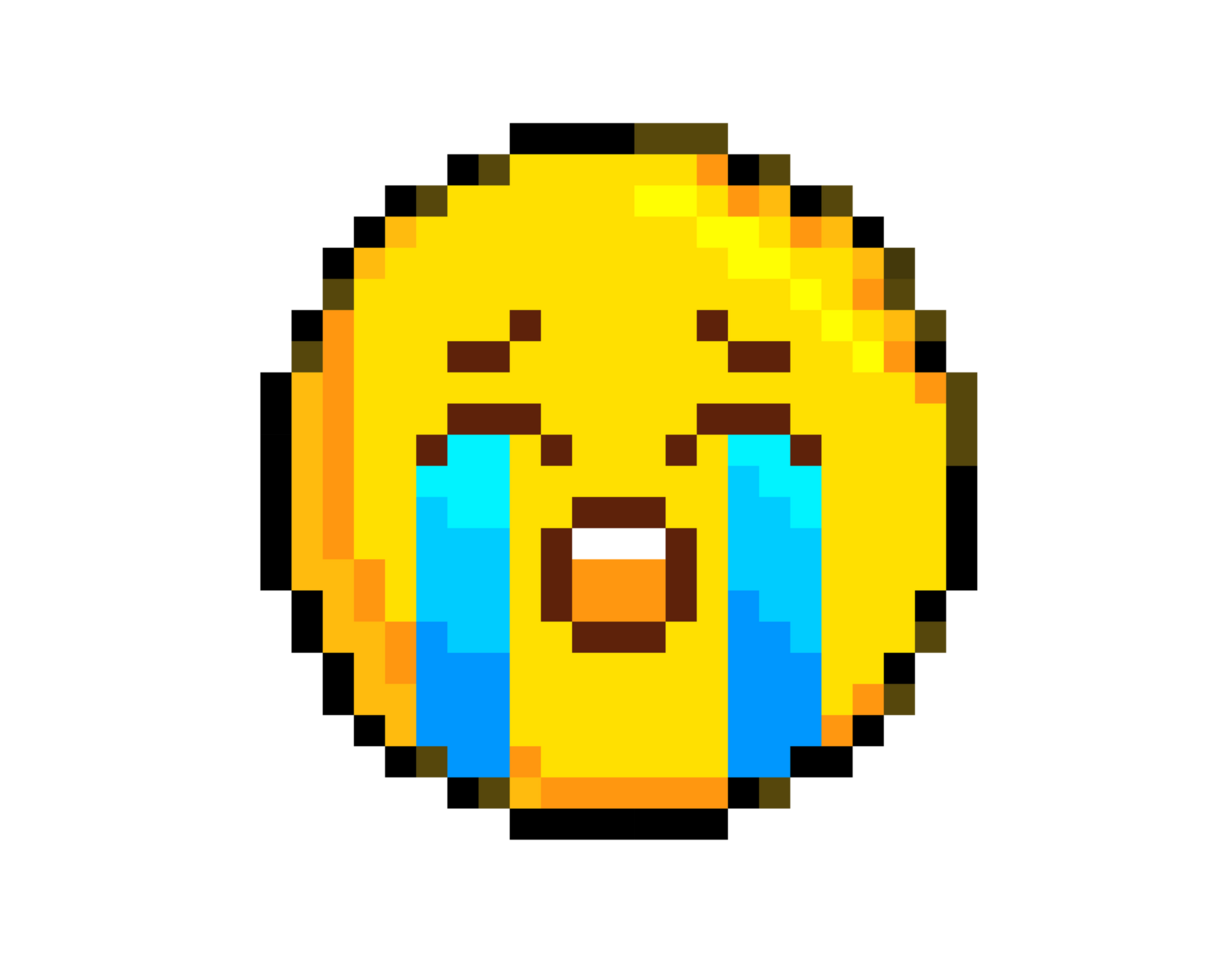 8-bits pixel art yellow crying face icon with heavy tears flowing png