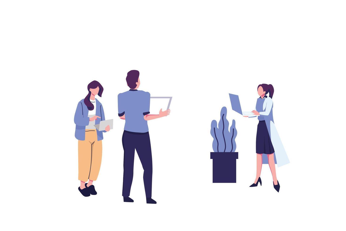 businesspeople with laptop computers talking together and doing work while smiling. Flat design characters on white background vector