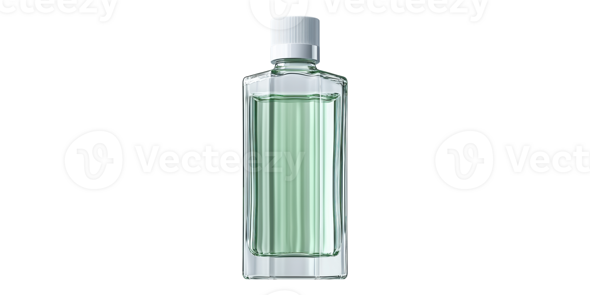 Clear glass perfume bottle with green liquid isolated on transparent background png