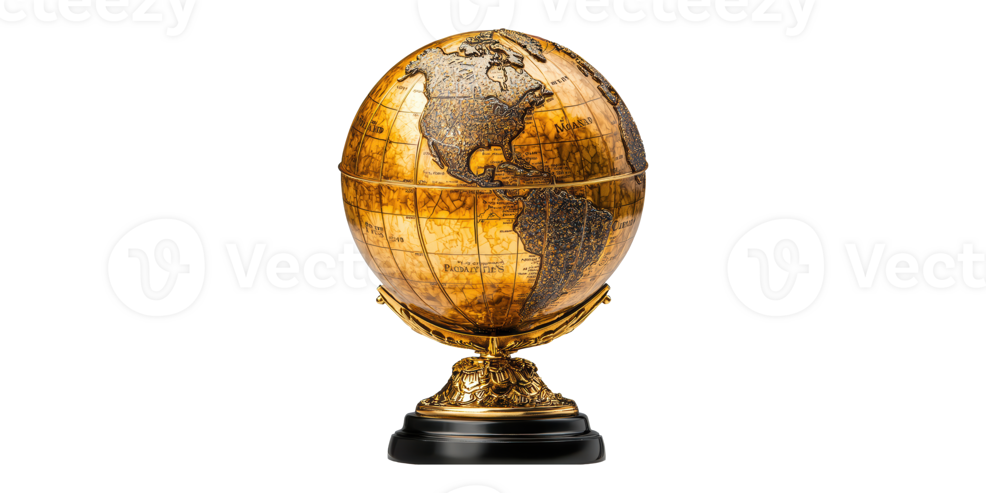 Antique brass globe with map details isolated on transparent background png