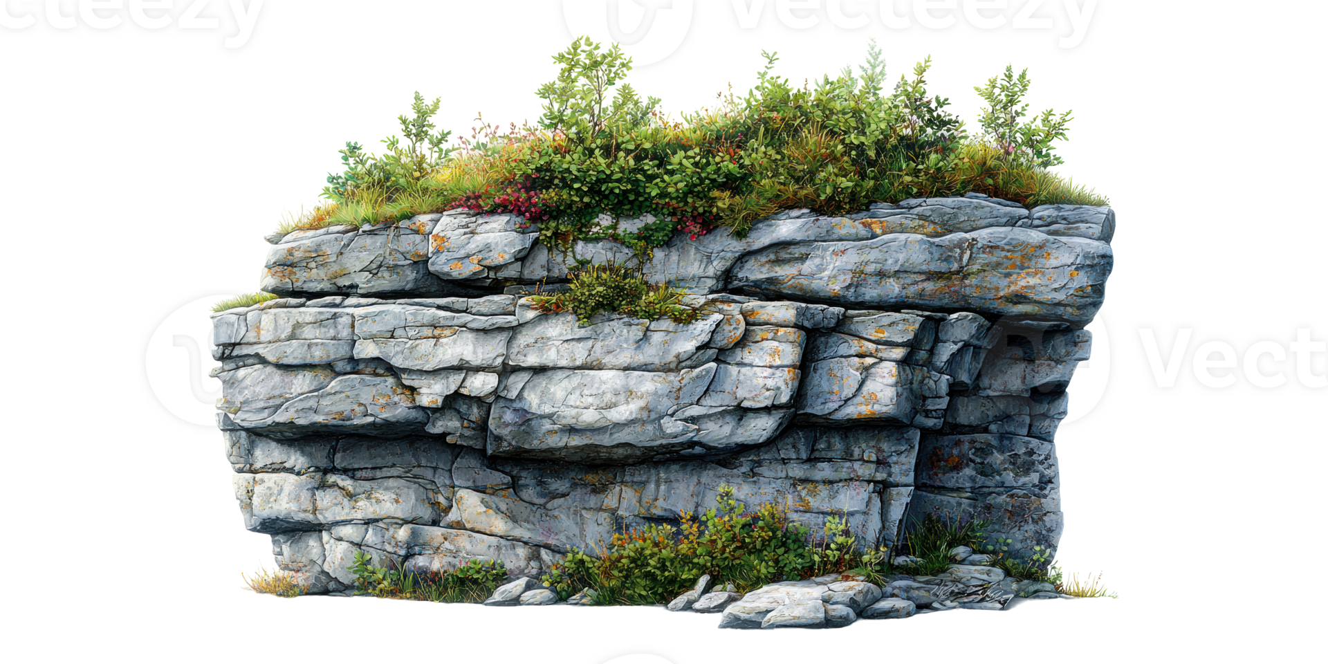 Rocky cliff with vegetation isolated on transparent background png