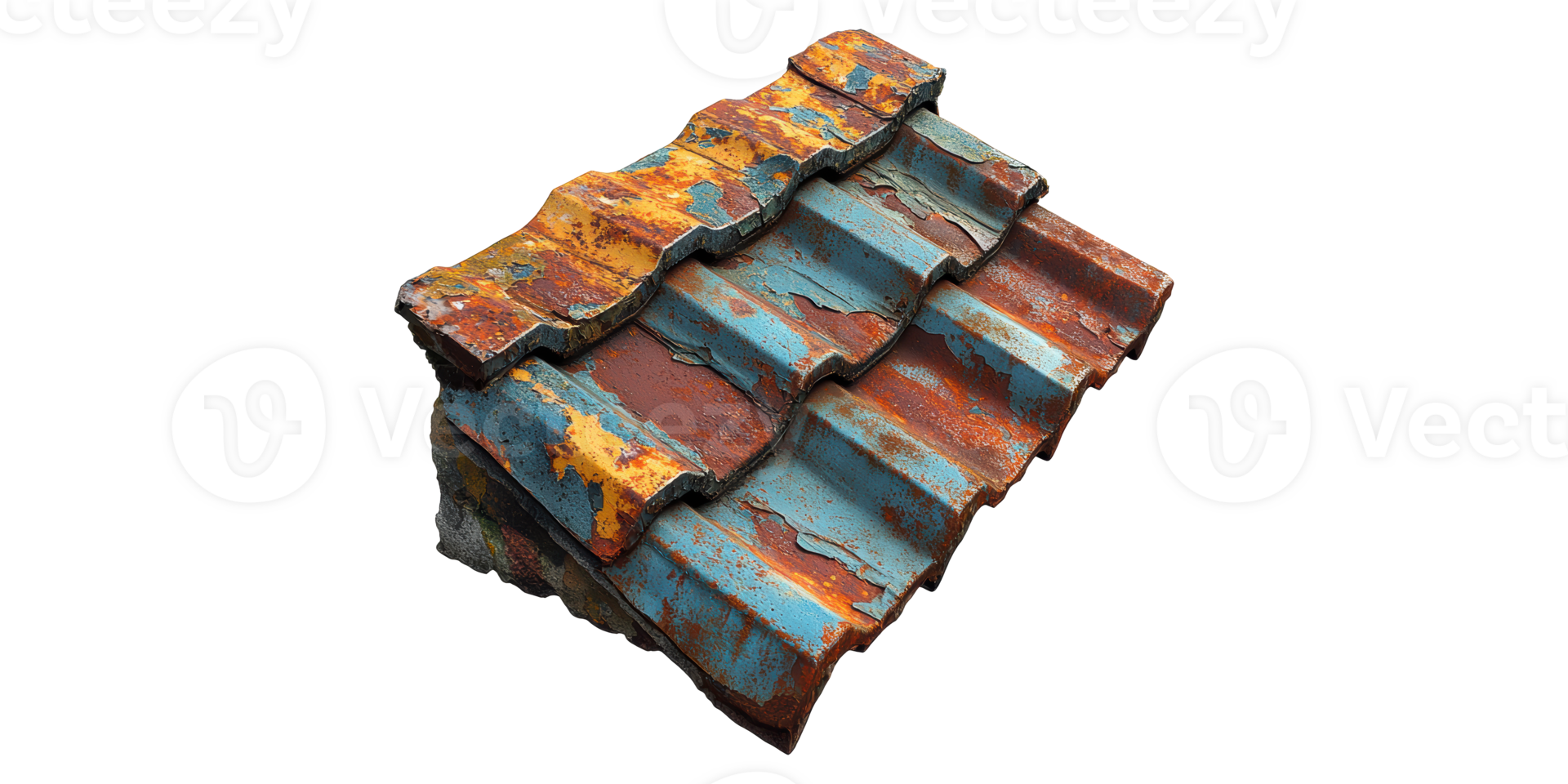 Rusted corrugated metal roof segments isolated on transparent background png