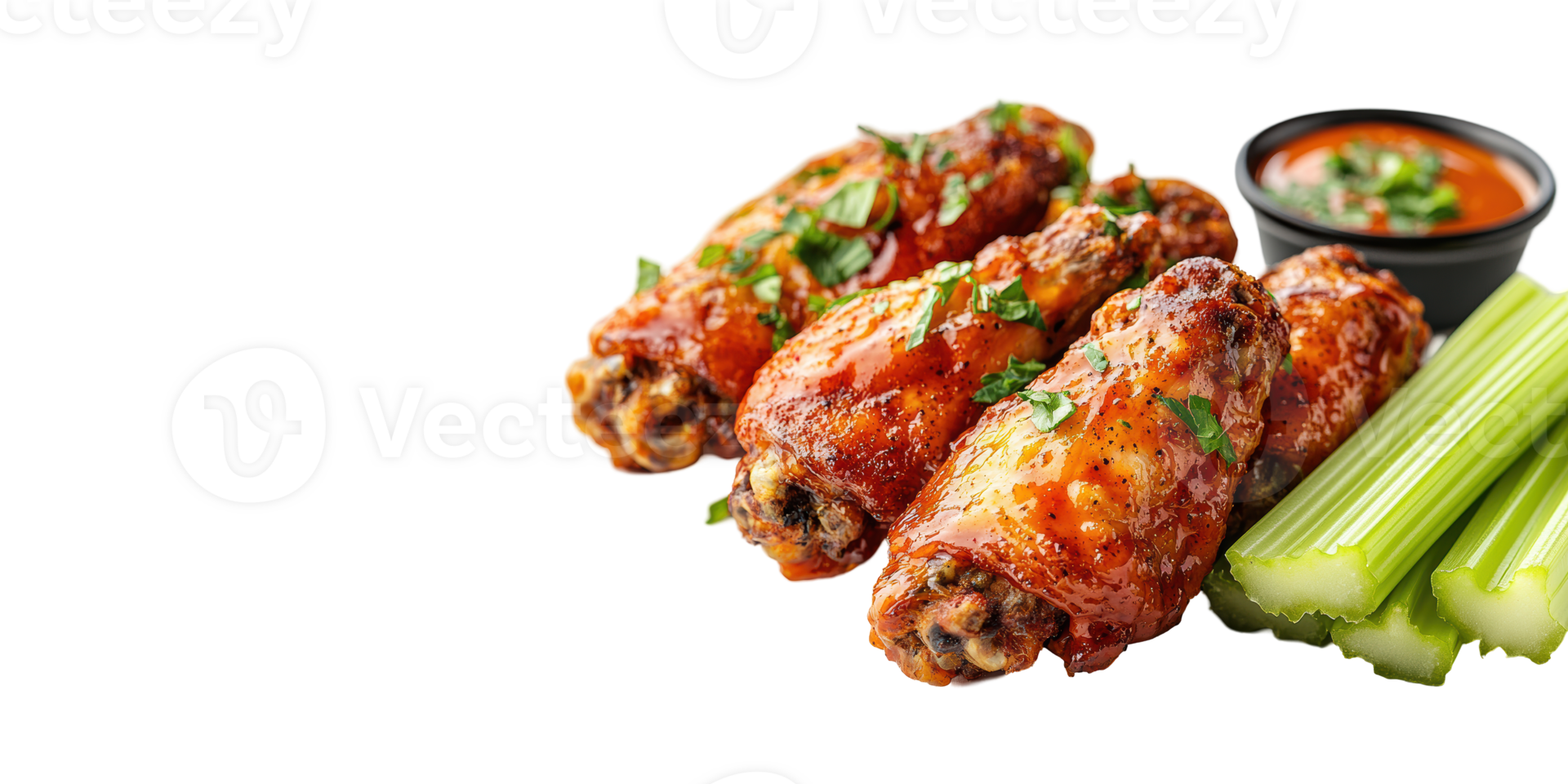 Spicy chicken wings with celery and dip isolated on transparent background png