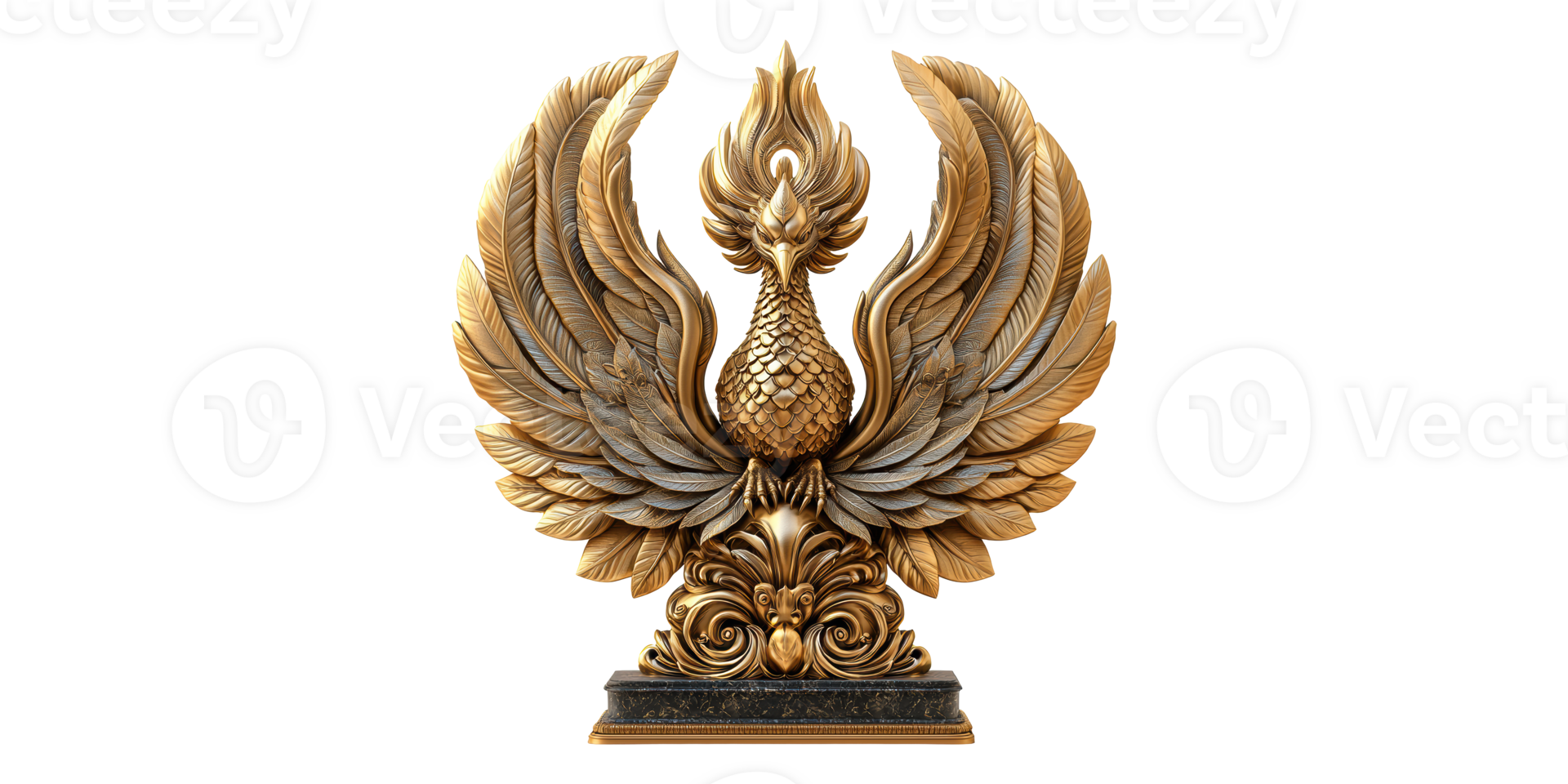 Golden phoenix sculpture with intricate feathers isolated on transparent background png