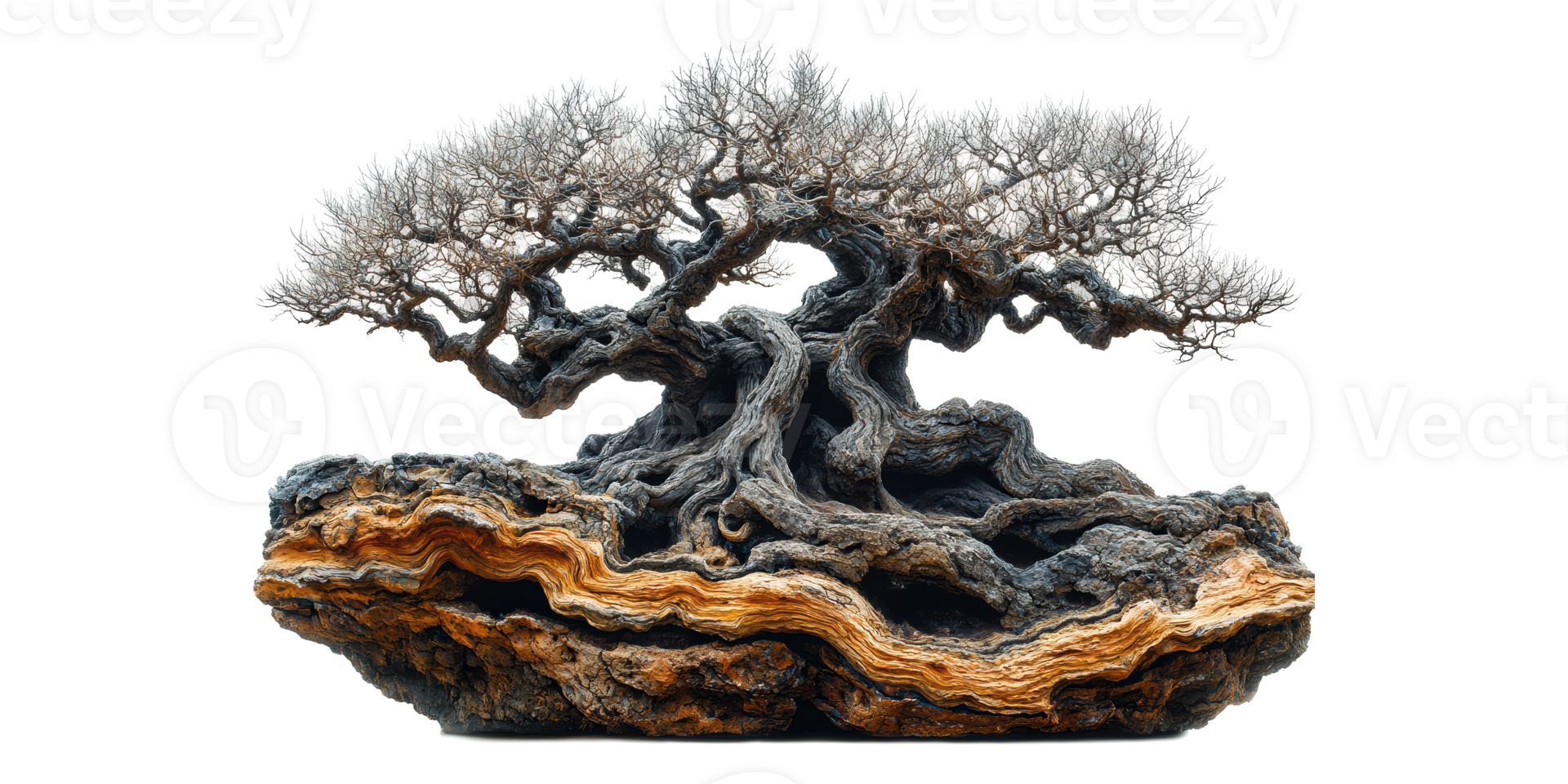 Ancient gnarled bonsai tree with twisted branches isolated on transparent background png