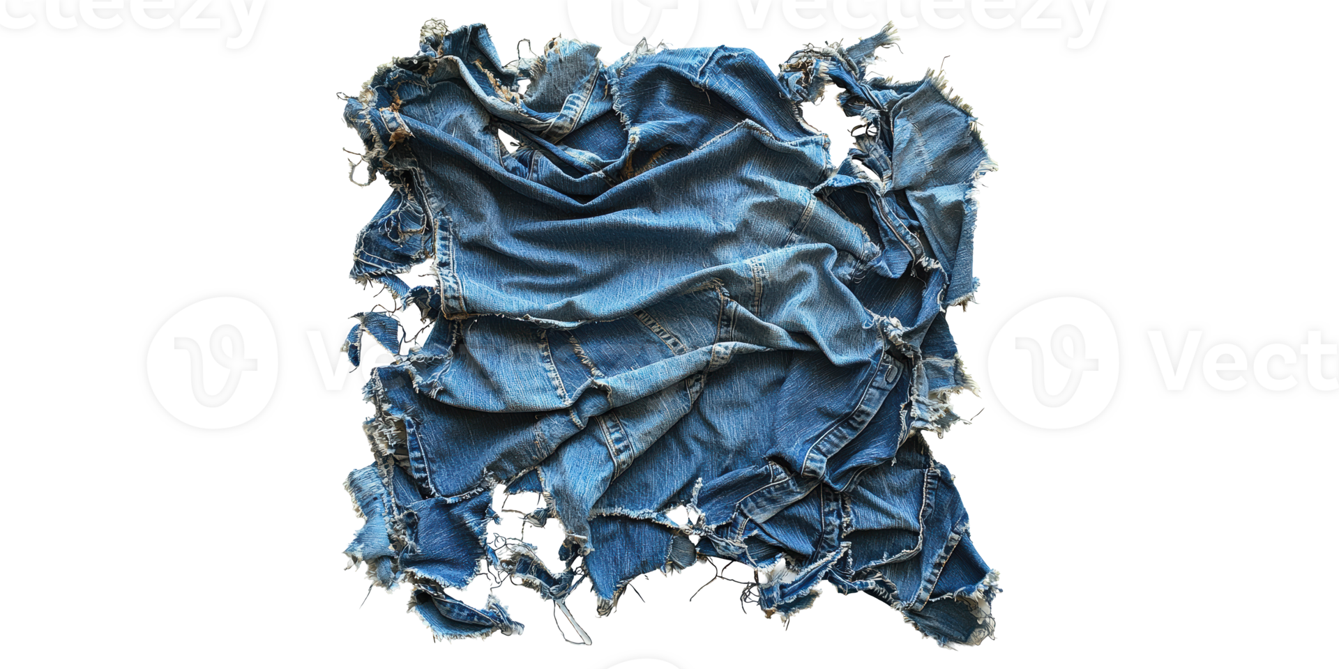 Torn blue denim fabric patchwork isolated on transparent background png